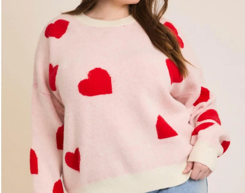 Casual Chic for Women Round Neck Heart Sweater In Pink