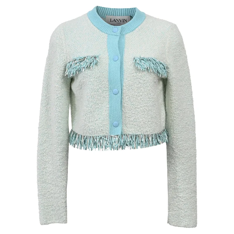 Women's Vintage Clothes Lanvin Fringed Cardigan in Light Blue Cotton