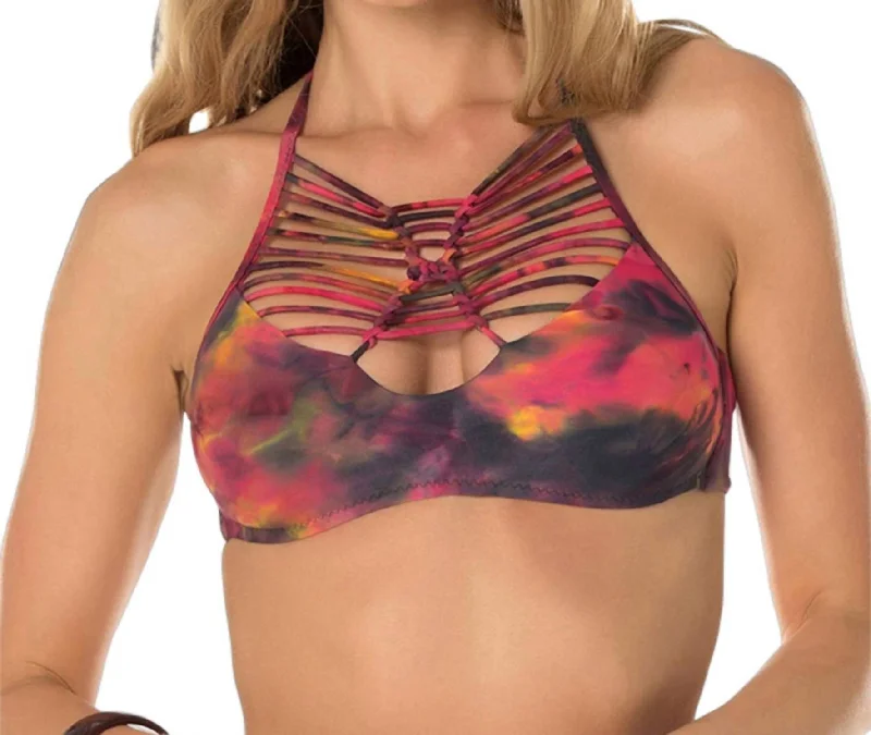 Trendy Casual Outfits Women's Tie Dye Macrame Halter Bikini Top In Chakra