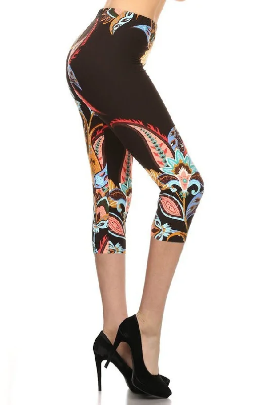 Women's Seasonal Clothes FASHNZFAB Paisley Floral Pattern Printed Lined Knit Capri Legging With Elastic Waistband.