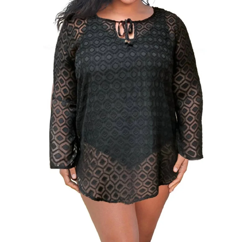 Plus Size Women Wear Plus Size Long Sleeve V-Neck Tunic Cover Up In Black