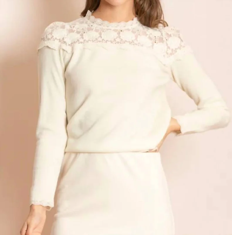 Chic Women's Attire Amari Merino Wool Sweater With Lace Yoke In Ivory