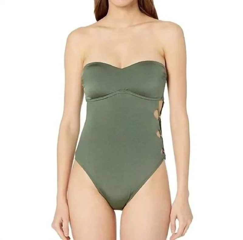 Modern Women's Fashion with Vintage Touches Solid Attitude Side Looped Bandeau One Piece In Olive