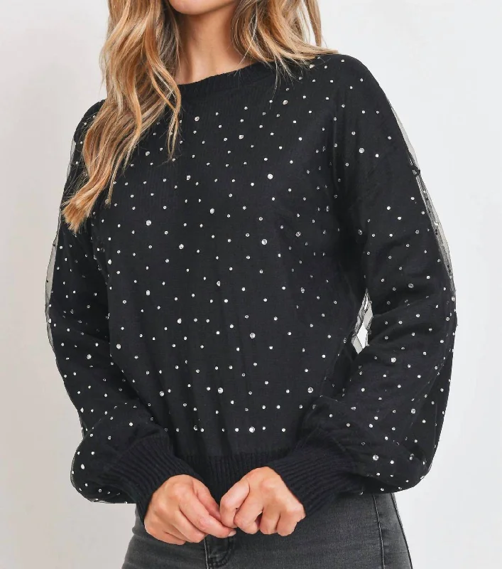 Formal Attire For Women Rhinestone Sheer Overlay Sweater In Black