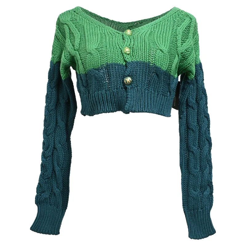 Women's Travel Outfit Set Etro Two Tone Cropped Cable Knit Cardigan in Green Cotton