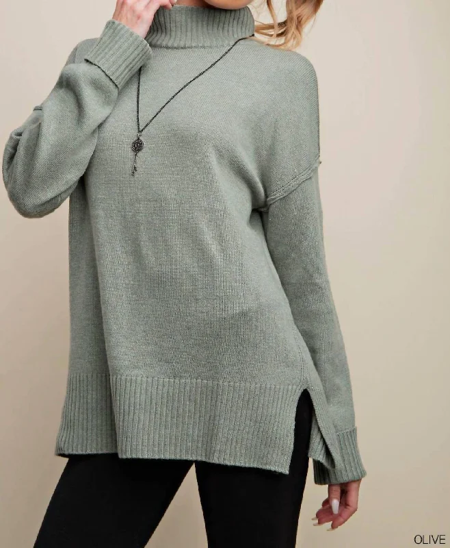 Sale Clothes Online Turtle Neck Long Sleeve Sweater Top In Olive