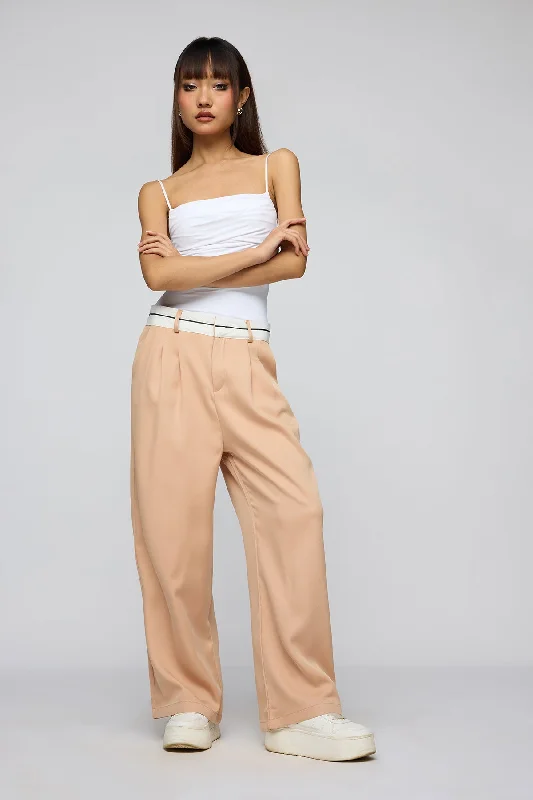 Comfortable Women's Outfits Muted Peach Contrast Waist Korean Pants