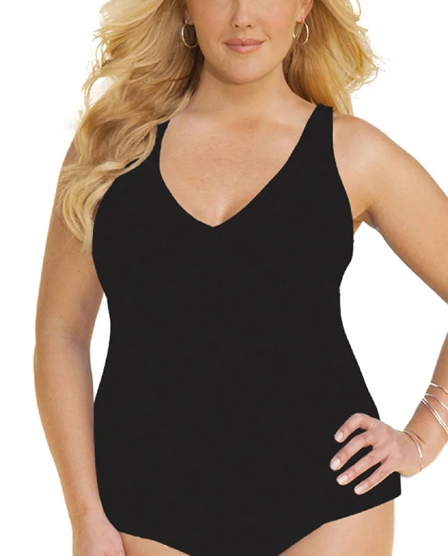 Clothes For Women Plus Size Ruched A-Line Tankini Top In Black