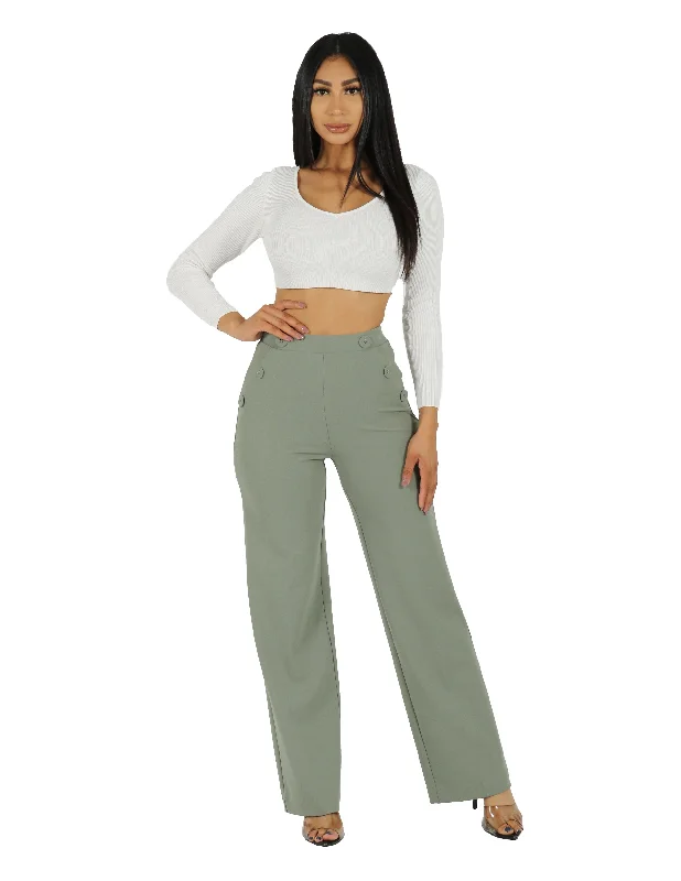 Summer Sale So Chic Knit Crepe 4 Hole Buttons High Rise Wide Leg Pant