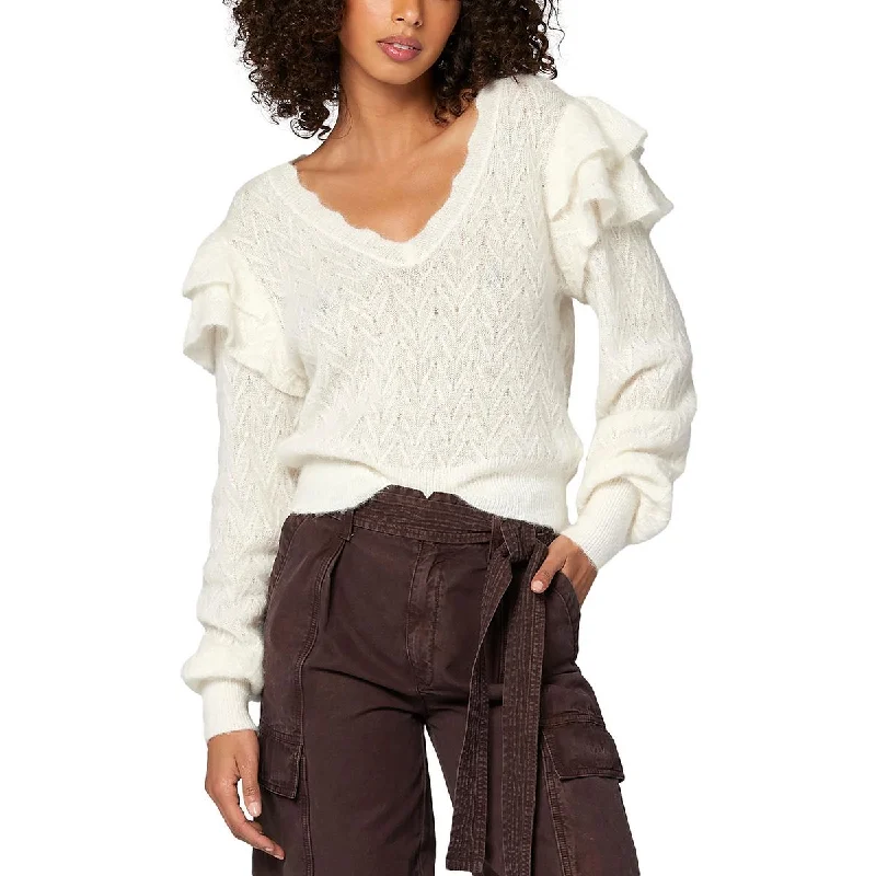 Clothes Woman Womens Ruffled V-Neck Pullover Sweater