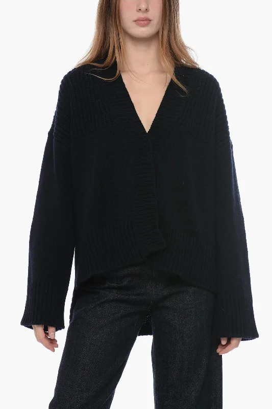 Modern Women's Fashion with Vintage Touches Dondup Wool and Cashmere V-Neck Cardigan with Asymmetrical Hem