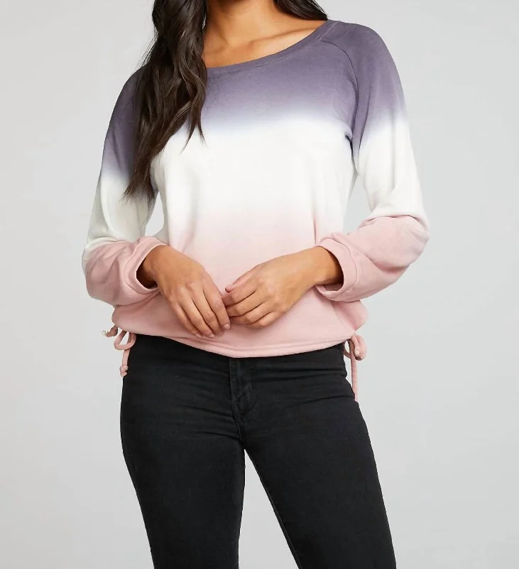 Women's Everyday Clothes Slub French Terry Blouson Sleeve Side Tie Raglan Pullover In Sunset Ombre