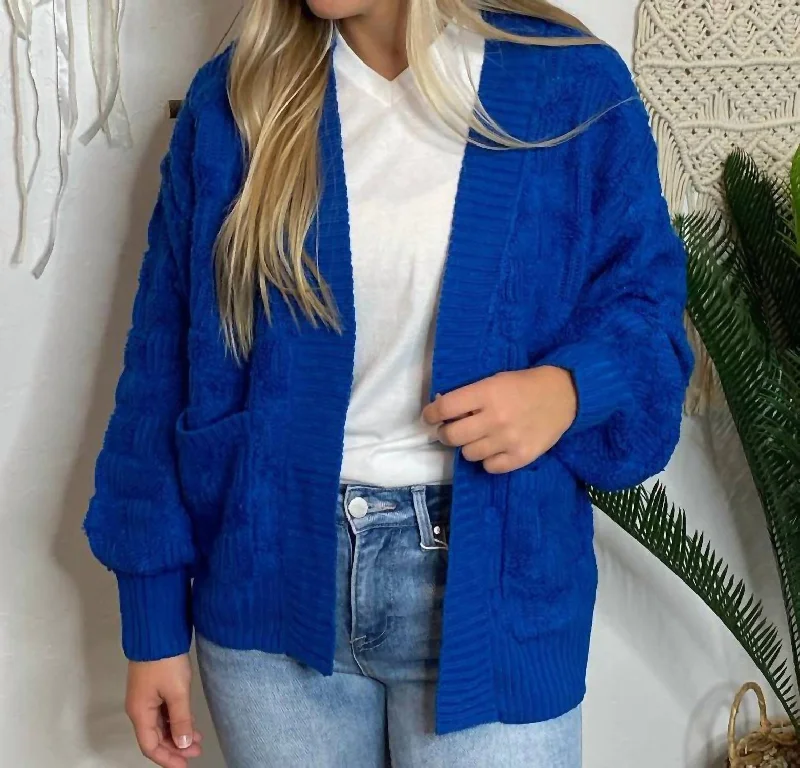 Online Clothing Boutiques Fluffy Checker Cardigan In Cobalt