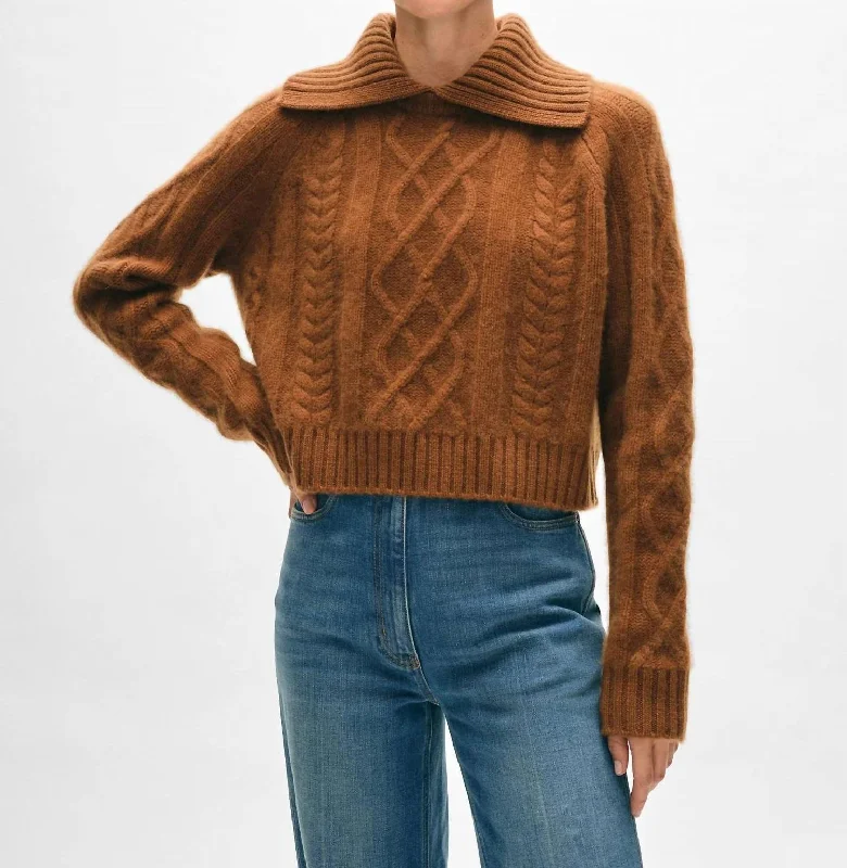 Women's Seasonal Fashion Trends Cashmere Luxe Cable Removable Collar Crewneck Sweater In Cedar Brown