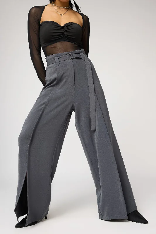 Charming Everyday Clothing For Women Silken Grey Belted Flared Korean Pants