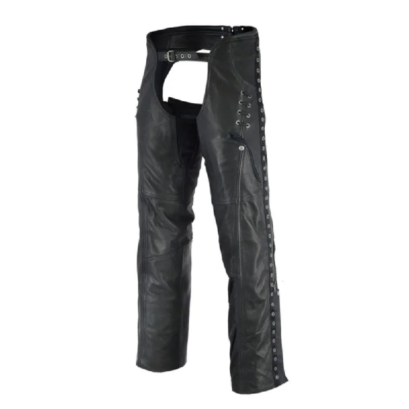 Fashion Women's Clothing HML838 Ladies Lightweight Naked Goatskin Leather Chap with Grommeted Twill and Lace Highlights