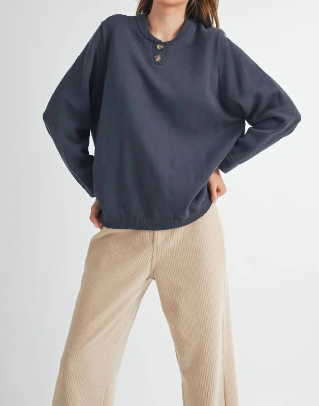 Women's Casual Attire Henley Sweater In Navy