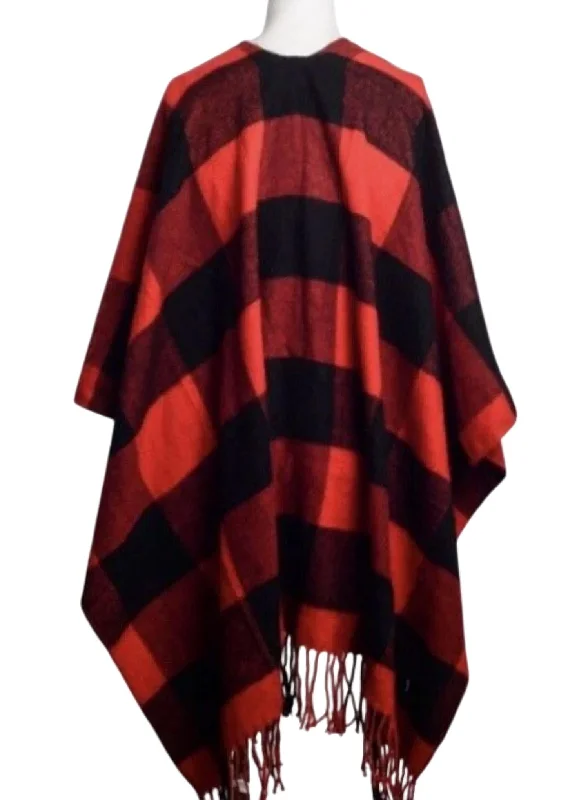 Comfortable Loungewear for Women Buffalo Check Tassel Poncho In Red/black