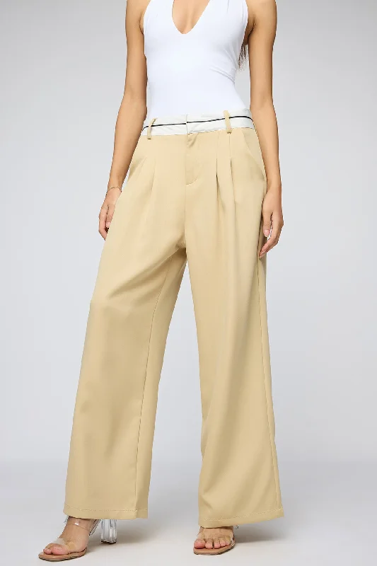 Women's Seasonal Fashion Trends Pale Khaki Contrast Waist Korean Pants