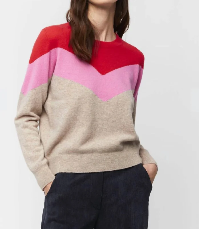 Chic Women's Outfit Crewneck Cashmere Sweater In Oatmeal, Pink, Red, Multi