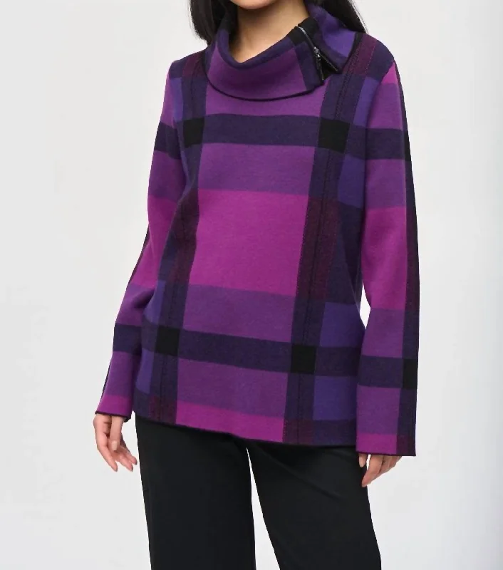 Women's Trendy Outfits Plaid Jacquard Cowl Neck Sweater In Empress/mystic/black