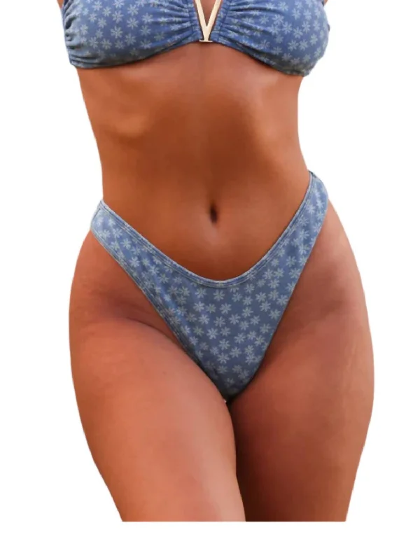 Women's Casual Wear Clothes High Leg Thong Bikini Bottom In Daisy Denim