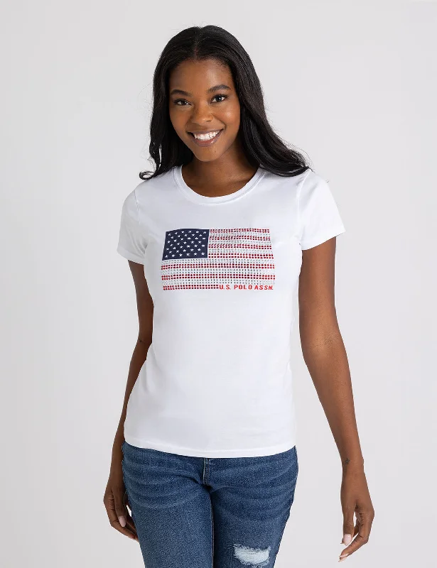 Women's Athleisure Apparel RHINESTONE FLAG SEMI SCOOP JERSEY T-SHIRT