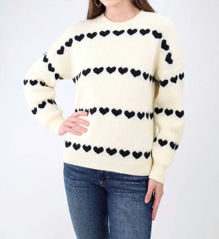 Bold and Elegant Women's Fashion Heart Ribbed Sweater In Cream/black