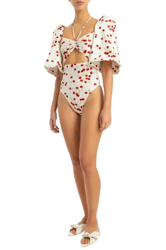 Affordable Women's Clothing Cherry Bomb Puff-Sleeved Swimsuit In Off White