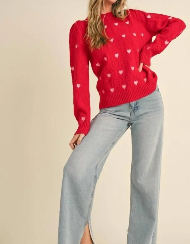 Women's Stylish Outerwear Heart Knit Sweater In Red/pink