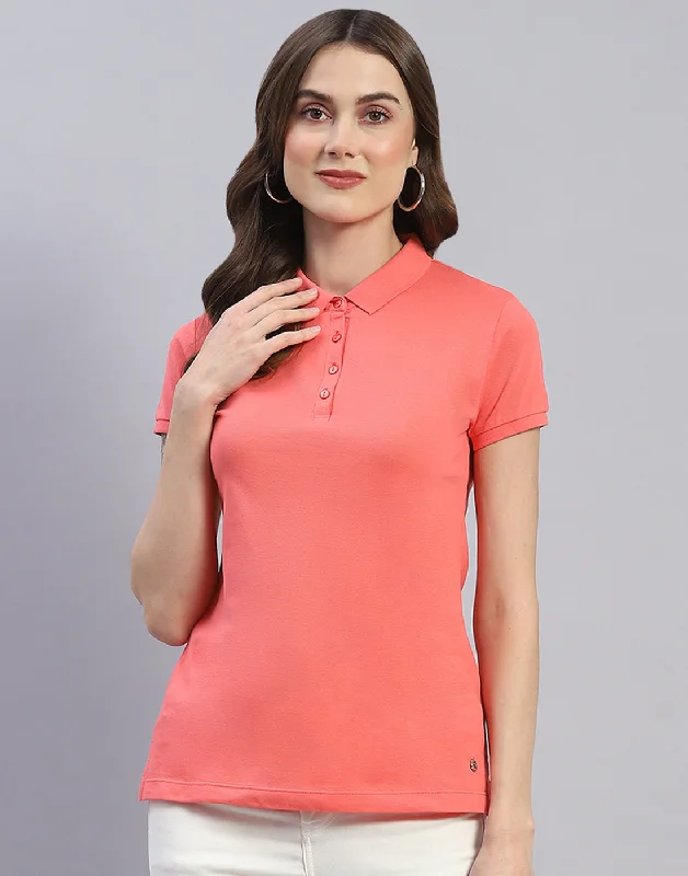 Chic Women's Garments Women Coral Solid Polo Collar Half Sleeve T-Shirt