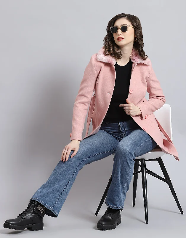 Women's Clothes And Apparel Women Pink Solid Collar Full Sleeve Coat