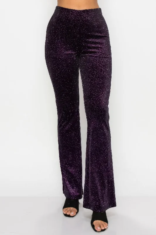 Women's Clothes For Work Events FASHNZFAB Glittery Flare High-rise Elastic Pants