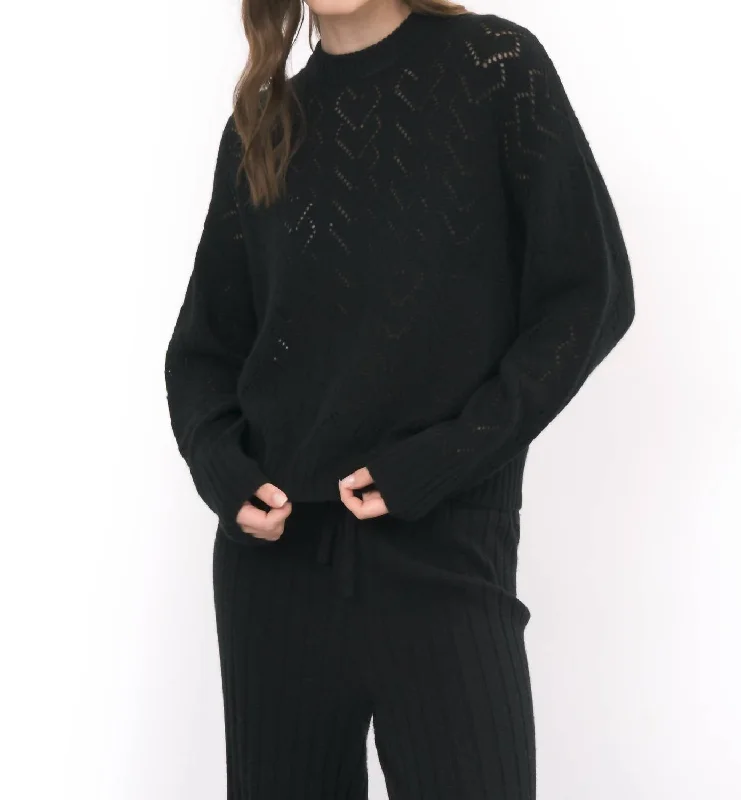 Modern Women's Outfit Heart Pointelle Sweater In Black