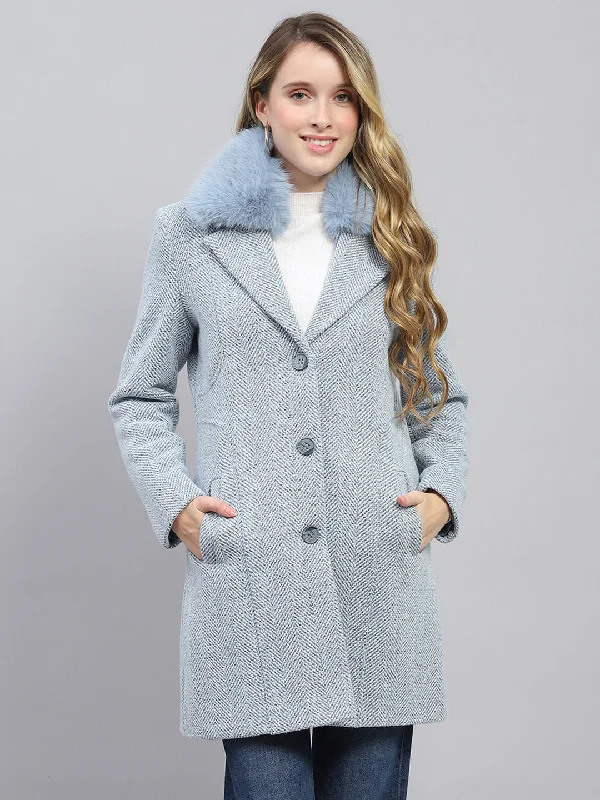 Women's Apparel And Garments Women Blue Self Design Collar Full Sleeve Coat