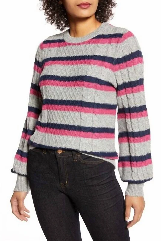 Women's Clothes And Apparel Sets X Atlantic-Pacific Striped Cable Knit Lovely Stripe Sweater In Pink, Grey