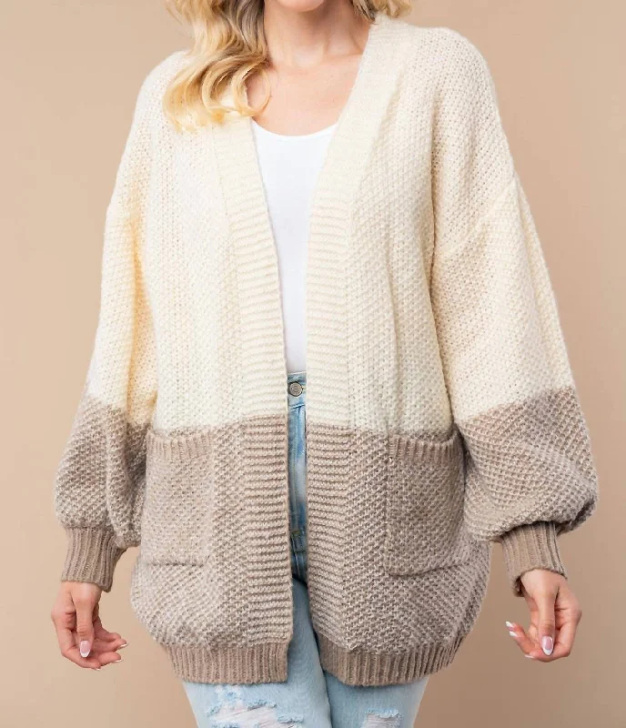 Plus Size Women's Fashion and Clothing Draped In Comfort Color Blocked Sweater Cardigan In Cream/mocha