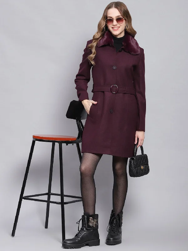 Women's Professional Apparel Women Maroon Solid Collar Full Sleeve Coats