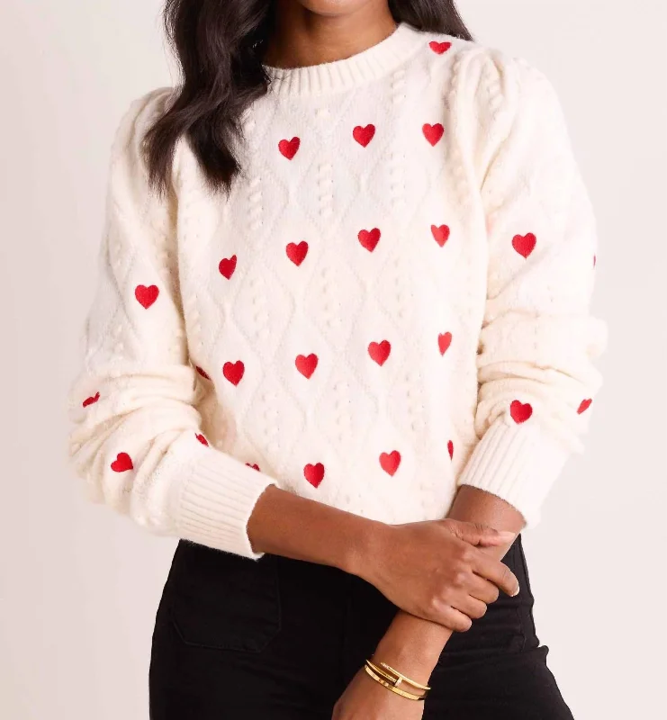 Women's High Street Fashion Heart Knit Sweater In Ivory/red