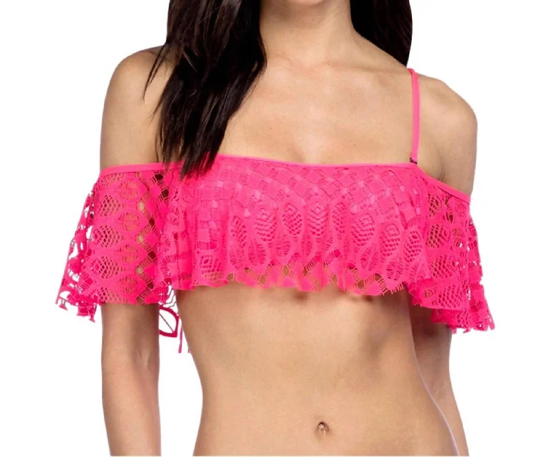 Charming Women's Holiday Apparel Crochet Off Shoulder Bandeau Bikini Top In Pink