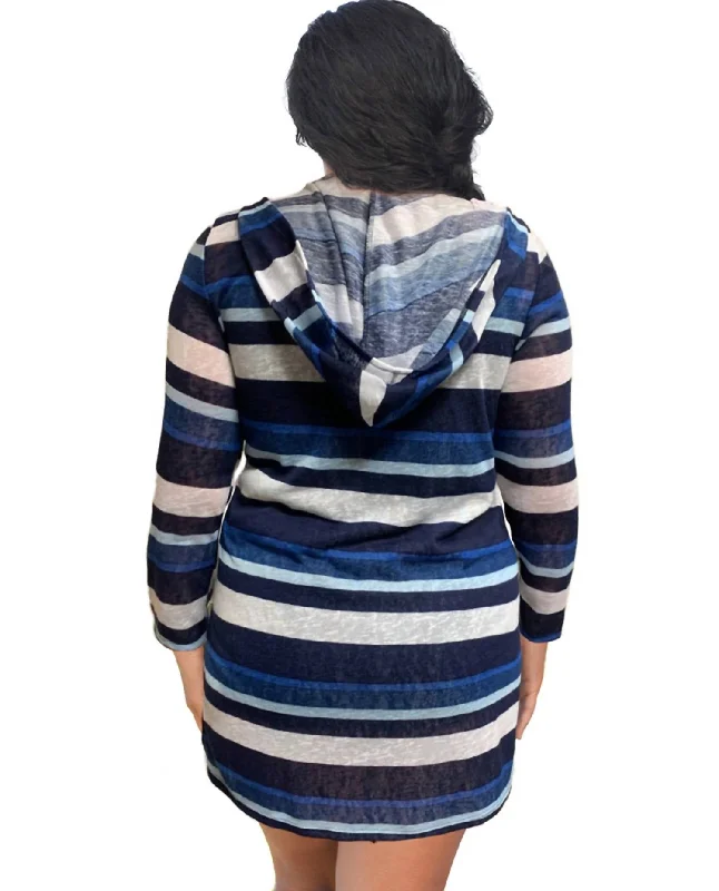 Best Online Boutiques For Women Plus Size Long Sleeve Hooded Cover Up Tunic In Blue Stripe